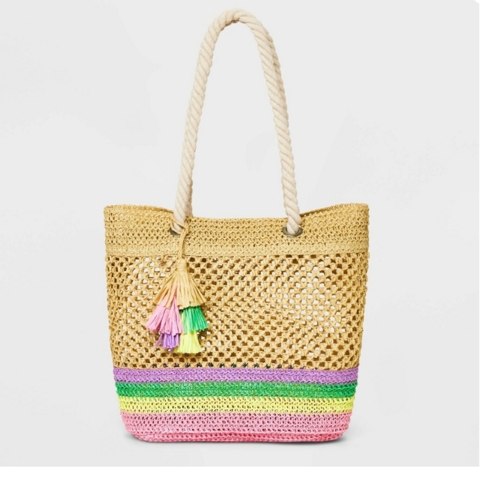 Art Class Beige Paper Striped Straw Tote Bag